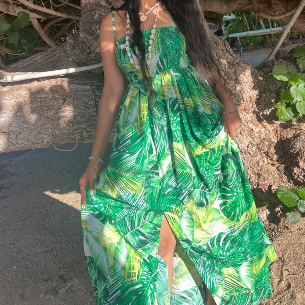 Tropical Green Leaf Print Dress